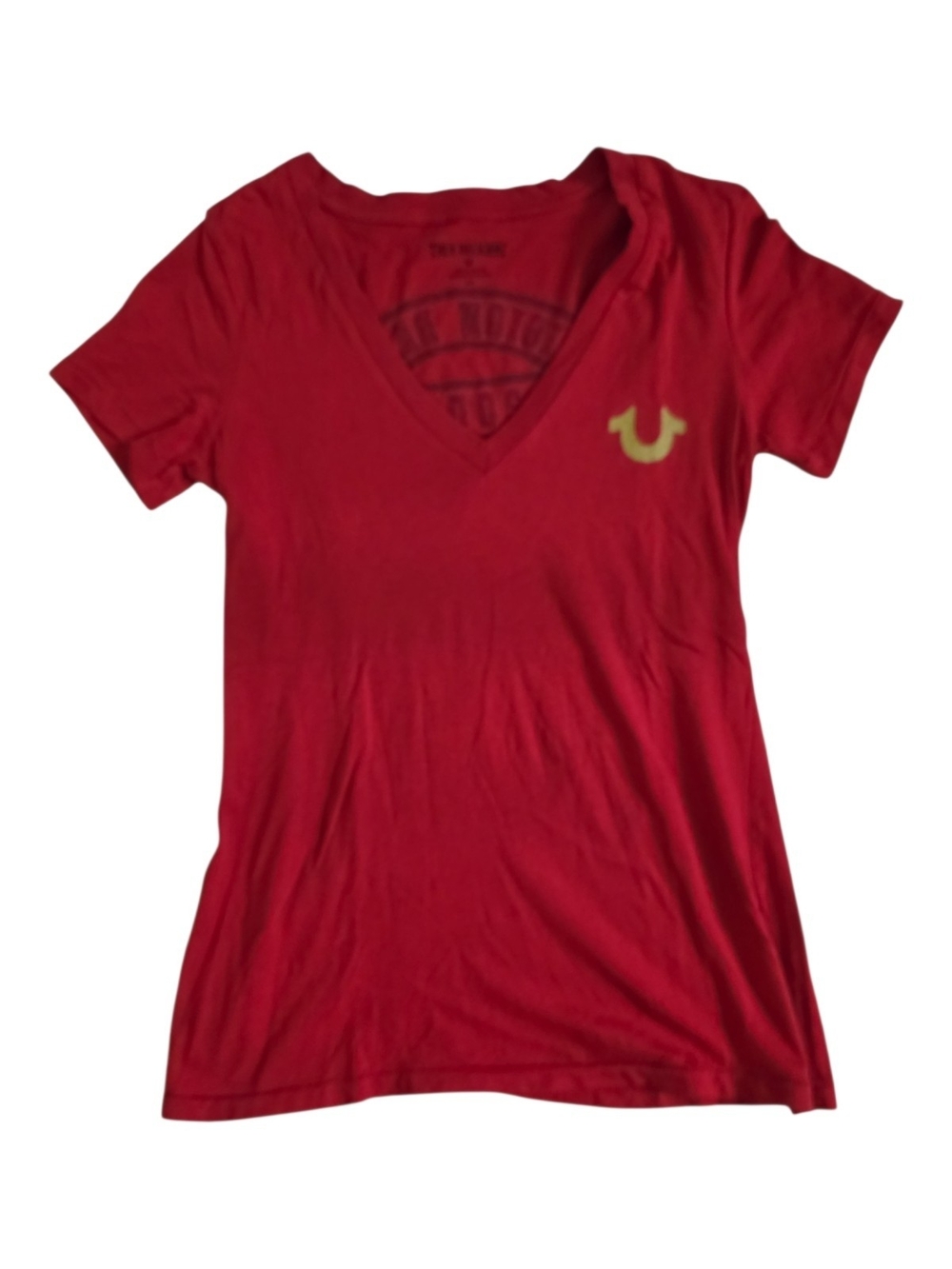 True Religion Women's Red V-Neck Tee with Gold Logo